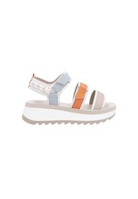 Sandales plates multicolores avec des sangles réglables, présentant des accents bleus, orange et beige, et une semelle texturée blanche et beige.