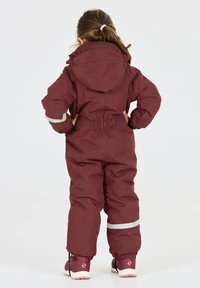 Bordeaux-waterdicht sneeuwpak met elastische taille, capuchon en reflecterende streep op de benen. Gecombineerd met schoenen met een roze zool. Achteraanzicht weergegeven.