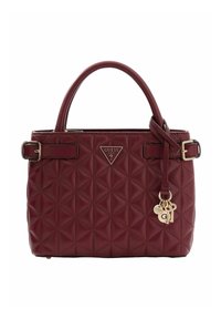 Bordowa torebka z pikowanej sztucznej skóry, z trójkątnym logo, metalowymi akcentami oraz odpinanym breloczkiem z zawieszką.