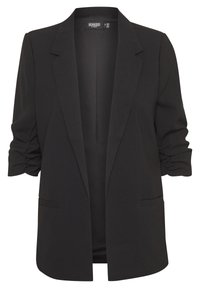Blazer nero realizzato in tessuto liscio, con colletto a scialle, davanti aperto e maniche a tre quarti arricciate. Include due tasche frontali.