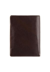 Portafoglio in pelle marrone con una texture liscia e design minimalista. Presenta angoli arrotondati e bordi cuciti, con un formato di dimensioni medie.