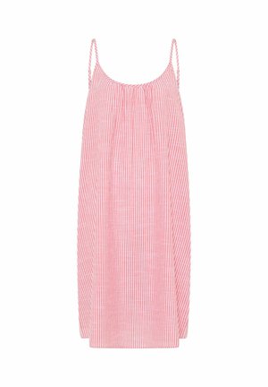 Ružové a biele pruhované letné šaty bez rukávov, s tenkými ramienkami a voľným, splývavým strihom.