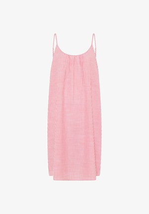 Mouwloze roze en witte zomerjurk met verticale strepen, dunne bandjes en een losse, vloeiende pasvorm.