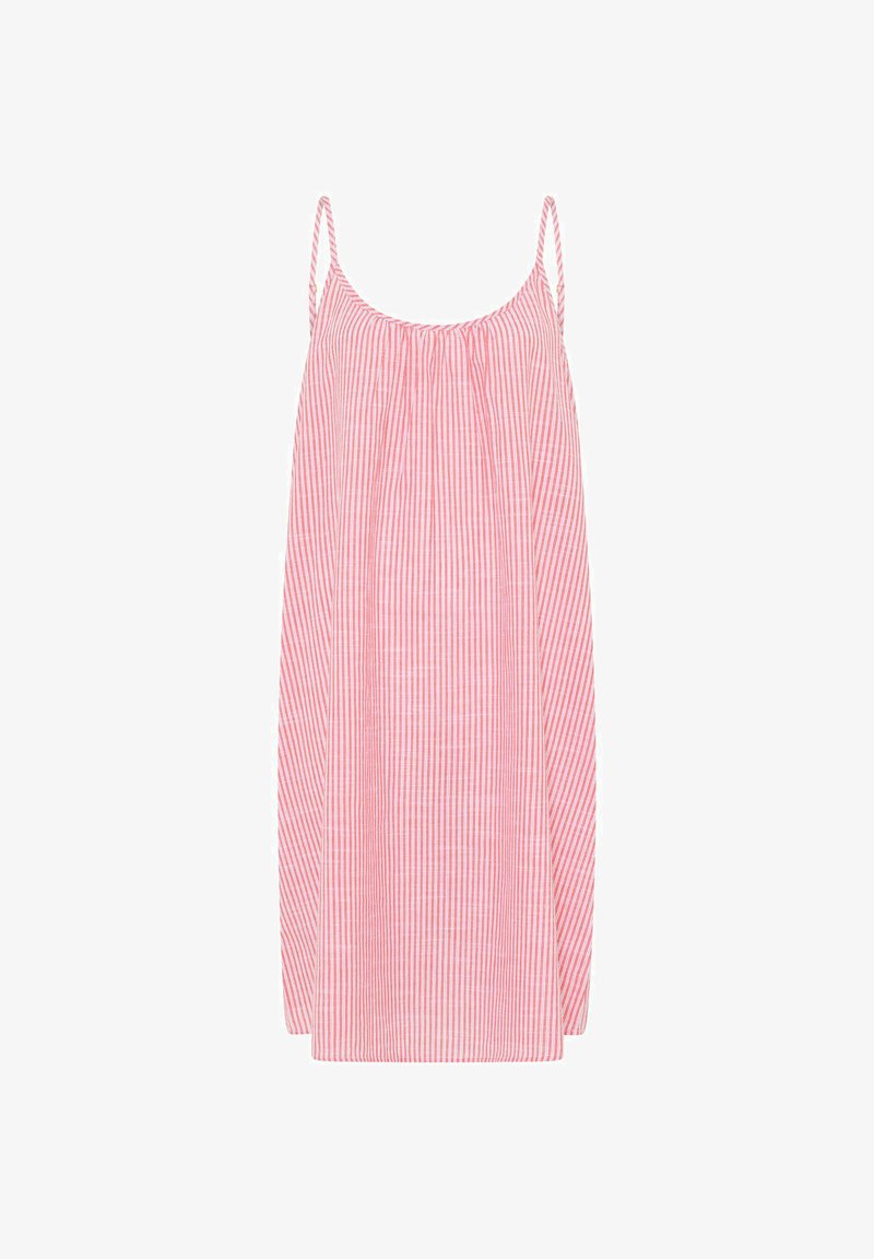Brezrokavnik roza in bela sončna obleka z navpičnimi črtami, tankimi naramnicami in ohlapnim, tekočim krojem.