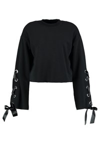 Sudadera negra de manga larga corta, con mangas anchas y cintas de satén que pasan por ojales metálicos en cada brazo, terminando en lazos.