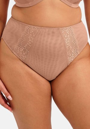 Nude high-waisted panties with lace side accents, featuring a smooth texture and seamless design for comfort and coverage.