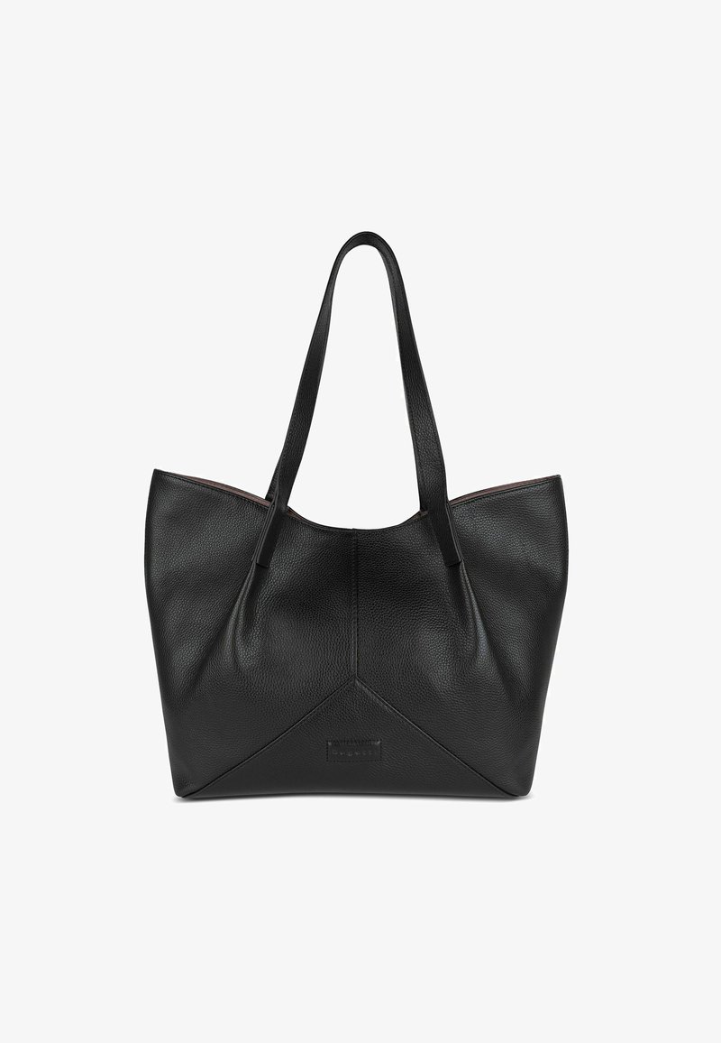 Zwarte leren schoudertas met een gestructureerd ontwerp, voorzien van lange handgrepen en een driehoekig stiksel detail aan de basis. Glad oppervlak overal.