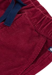 Pantaloni in corduroy di un rosso intenso con cordino blu navy. Presentano una tasca laterale e un pattern di tessuto a coste testurizzato.