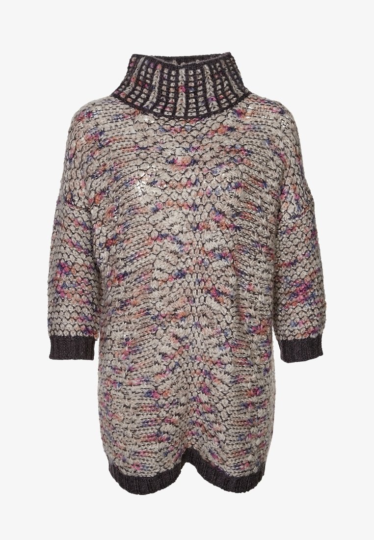 Chunky stickad tröja med hög ribbad krage, med ett flerfärgat mönster på en grå bas och mörka ribbade manschetter vid ärmarna och i nederkant.