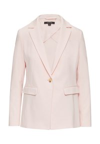 Blazer di un rosa chiaro con rever a punta, chiusura con un solo bottone, due tasche frontali e una texture di tessuto liscia.