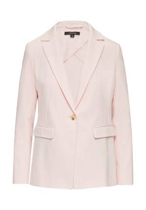 Light pink blazer with notched lapels, a single button closure, two front pockets, and a smooth fabric texture.