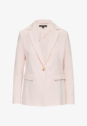 Hellrosa Blazer mit Reverskragen, einem Knopfverschluss, zwei frontalen Taschen und einer glatten Stoffoberfläche.