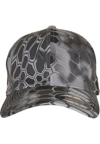 Graue Kappe mit einem geometrischen schwarzen Muster, aus glattem Stoff gefertigt. Verfügt über einen gebogenen Schirm und ein Etikett mit der Aufschrift "Flexfit".