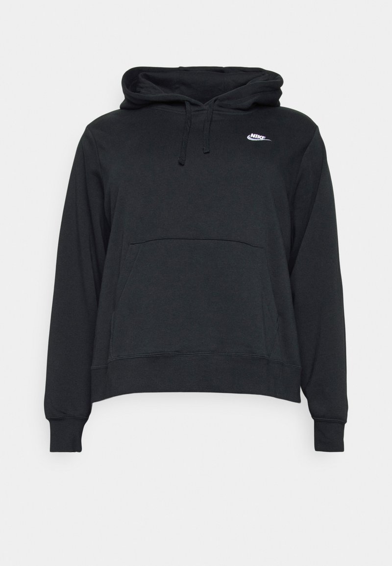 Sudadera negra de felpa suave, con un bolsillo frontal tipo canguro, capucha con cordón y un pequeño logotipo blanco de Nike en el pecho.