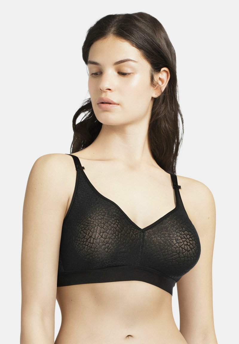 Schwarzer BH mit strukturiertem Muster, V-Ausschnitt, verstellbaren Trägern und nahtlosem Design für Komfort und Unterstützung.