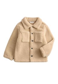 Giacca in pile beige con collo, due tasche sul petto e bottoni neri. Texture morbida e vestibilità comoda.