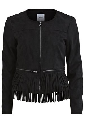 Veste noire à manches longues avec fermeture éclair frontale, deux poches horizontales zippées, et détails de franges le long de l'ourlet inférieur.