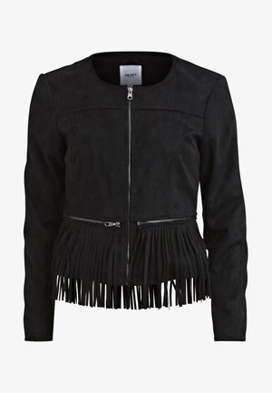 Schwarze Langarmjacke mit Frontreißverschluss, zwei horizontalen Reißverschlusstaschen und Fransen am unteren Saum.