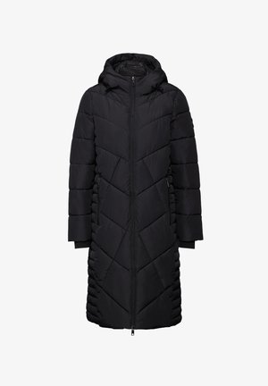 Sort pufferjakke med hætte, med en quiltet mønster, lange ærmer og to lynlåslommer på siden. Lynlås foran.