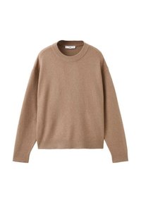 Suéter de manga larga en color beige suave, con cuello redondo y puños, dobladillo y cuello acanalados, mostrado plano sobre un fondo blanco.