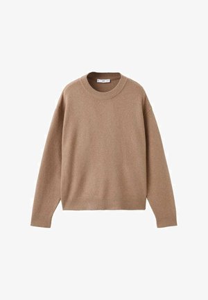 Pull en maille beige doux à manches longues et col rond, avec des poignets, un ourlet et un col côtelés, présenté à plat sur un fond blanc.