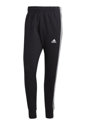 Pantaloni della tuta neri realizzati in tessuto morbido, con vita regolabile tramite cordino, tre strisce bianche lungo i lati e un logo ricamato sulla coscia.