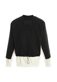 Chaqueta bomber negra y crema con un alto cuello, dobladillo elástico y cordón en la parte delantera. Tejido texturizado con un parche de logo en la parte posterior.