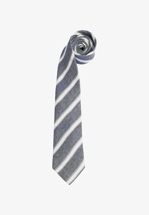 Stribet blå og hvid tekstureret slips rullet sammen i toppen med diagonale striber på en hvid baggrund.