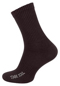 Calzino marrone a coste con tallone e punta rinforzati, caratterizzato da testo bianco "STARK SOUL" sulla suola. Texture morbida e forma standard del calzino.