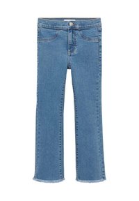 Siniset farkut, joissa on levenevät lahkeet ja raakareunat, viiden taskun malli, vyölenkit ja nappisuljenta vyötäröllä. Sileä pinta.