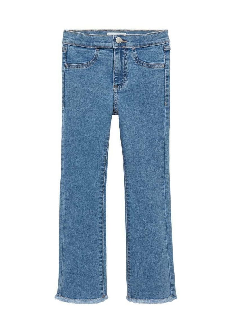 Siniset farkut, joissa on levenevät lahkeet ja raakareunat, viiden taskun malli, vyölenkit ja nappisuljenta vyötäröllä. Sileä pinta.