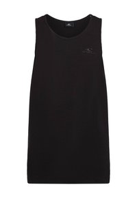 Sort ærmeløs tanktop med rund halsudskæring, lavet af blødt stof. Har et diskret logo-detajle på brystområdet.