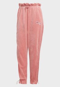 Pink velour sweatpants with a drawstring waist, elastic cuffs, side pockets, and small embroidered heart and leaf details.