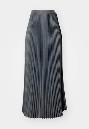 Gestufter Maxiskirt in Dunkelgrau, aus strukturiertem Stoff mit einem breiten Bund, der tiefe vertikale Falten über die gesamte Länge aufweist.