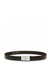 Ceinture en cuir marron avec une finition lisse, dotée d'une boucle rectangulaire en argent estampillée "LANCASTER" et de cinq trous d'ajustement.