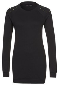 Abito felpa nero con maniche lunghe, scollatura rotonda e borchie verdi decorate sulle cuciture delle spalle. Tessuto morbido e vestibilità comoda.