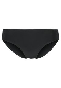 Svart bikinitruse laget av glatt materiale. Har en enkel, lavt skåret design uten mønstre eller synlig maskinvare.