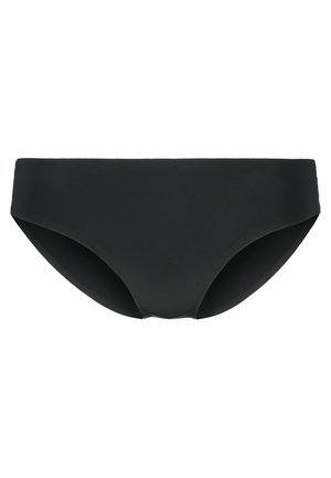 Bas de bikini noir en matériau lisse. Présente un design simple et taille basse, sans motifs ni éléments métalliques apparents.