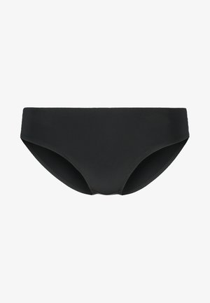 Black bikini bottom made of smooth material. Features a simple, low-rise design with no patterns or visible hardware.