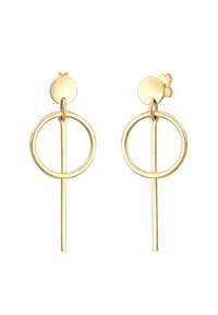 Goldfarbene Ohrringe mit einem kreisförmigen Ring und einem geraden Stift, der nach unten ragt. Glatte, metallische Oberfläche mit minimalistischem Design.