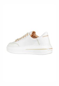 Sneakers bianchi con una superficie in pelle liscia, occhielli e dettagli in tono dorato. Presentano una suola chunky e un logo sul tallone.