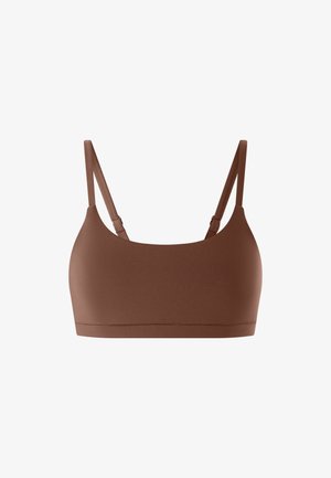 Brązowy bezszwowy biustonosz typu bralette z cienkimi regulowanymi ramiączkami i prostym dekoltem, zaprojektowany dla komfortu i lekkiego wsparcia.