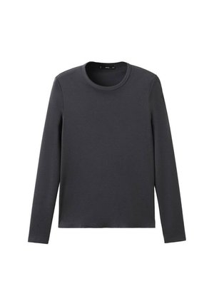 Chemise à manches longues gris foncé, col rond, fabriquée en mélange de coton doux, avec un design simple sans motifs ni accents.