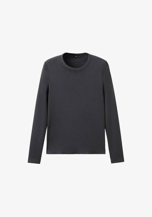 Chemise à manches longues gris foncé, col rond, fabriquée en mélange de coton doux, avec un design simple sans motifs ni accents.