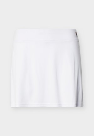 Biela športová sukňa po kolená s širokým pásom a malou značkou s logom na hornej pravej strane.