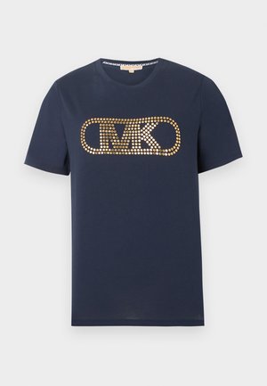 Marineblaue kurzärmlige T-Shirt mit Rundhalsausschnitt und gold gepunktetem "MK"-Logo, das mittig auf der Brust platziert ist.