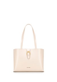 Borsa tote in pelle beige con manici doppi, forma strutturata e chiusura a fibbia in metallo dorato al centro. Texture liscia con design minimale.