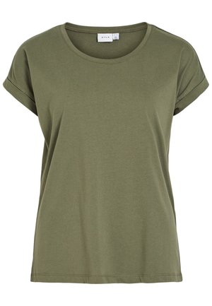 Olijfgroene T-shirt met korte mouwen, opgerolde manchetten, ronde halslijn en een zichtbaar merklabel aan de binnenkant van de kraag.