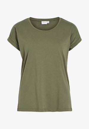 T-shirt à manches courtes couleur vert olive, avec manches retroussées, encolure ronde et étiquette de marque visible à l'intérieur du col.