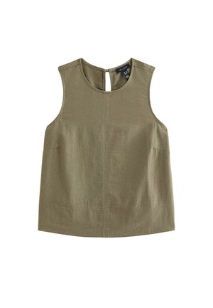 Haut sans manches couleur vert olive avec encolure ronde et fermeture boutonnée au dos, fabriqué en tissu léger avec des détails de coutures discrètes.